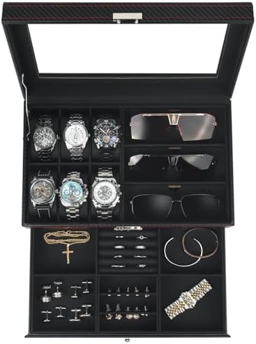 Watch Jewelry Box Organizer, 6-Slot 2-Layer Watch Case and Sunglasses Storage with Large Glass Lid, Men's Jewelry Box with Lock, Watch Holder Display Case, Gift for Men Women