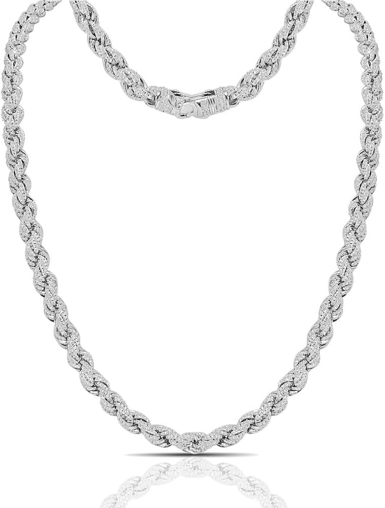 72 Grams VVS1/D 22.54 Cwt. Genuine Authentic Moissanite Diamond Real Italian Sterling Silver 14K White Gold Finish Twisted Rope Link Cuban Curb Chain Neckless 7mm