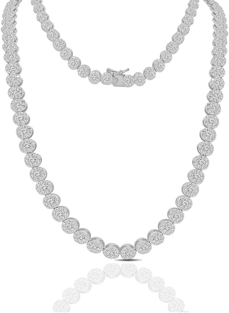 56 Grams VVS1/D 28.90 Cwt. Genuine Authentic Hand Set Moissanite Diamond Real Italian Sterling Silver 14K White Gold Finish Round Flower Clusster Link Chain Neckless 7mm