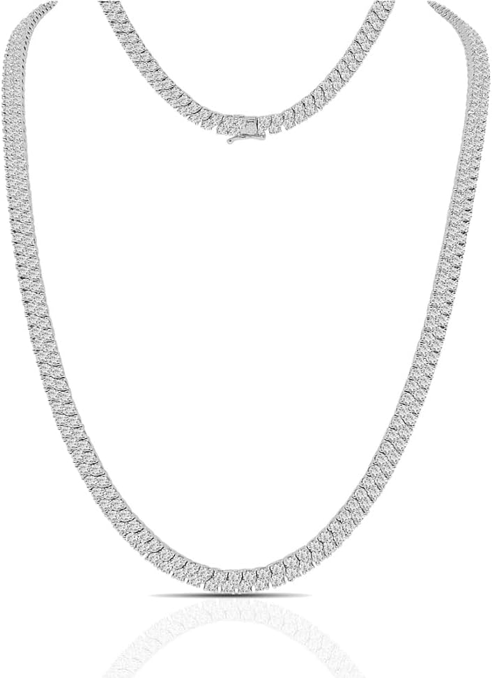 45 Grams VVS1/D 26.92 Cwt. Genuine Authentic Solitaire Moissanite Diamond Real Italian Sterling Silver 14K White Gold Finish 2 Row Tennis Link Chain Neckless 7mm