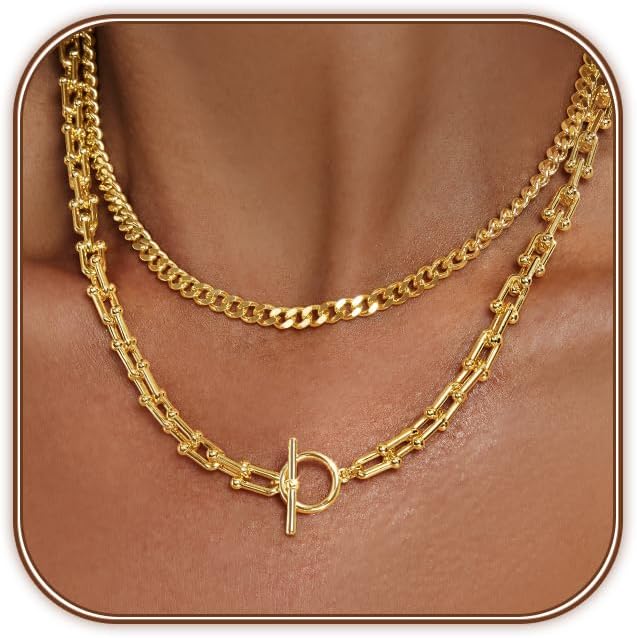 Airmb Gold Necklace for Women Layered 14k Plated Tendy Chunky Gold Necklace Cuban Link Choker Paperclip Chain Stackable OT Toggle Clasp Hypoallergenic Fashion Chunky Statement Jewelry Gifts for Women
