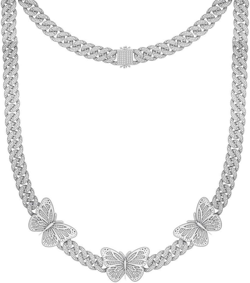 68 Grams Real Genuine Authentic VVS1/D 10.54 Cwt. Certified Moissanite Diamond 14K Gold Finish 12mm Lucky Winged Butterfly Good Luck Cuban link Chain Neckless 20 Inch