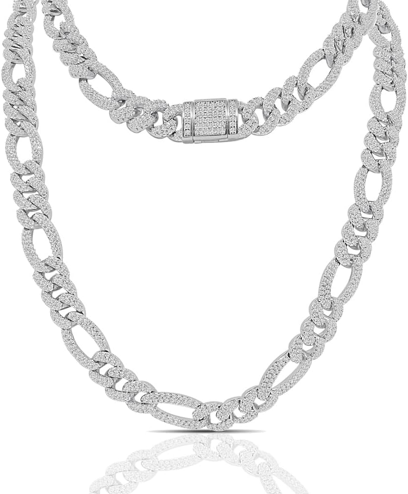 99 Grams VVS1/D 18.78 Cwt. Genuine Authentic Moissanite Diamond Real Italian Sterling Silver 14K White Gold Finish Figaro Cuban Curb Link Chain Neckless 10mm/22"
