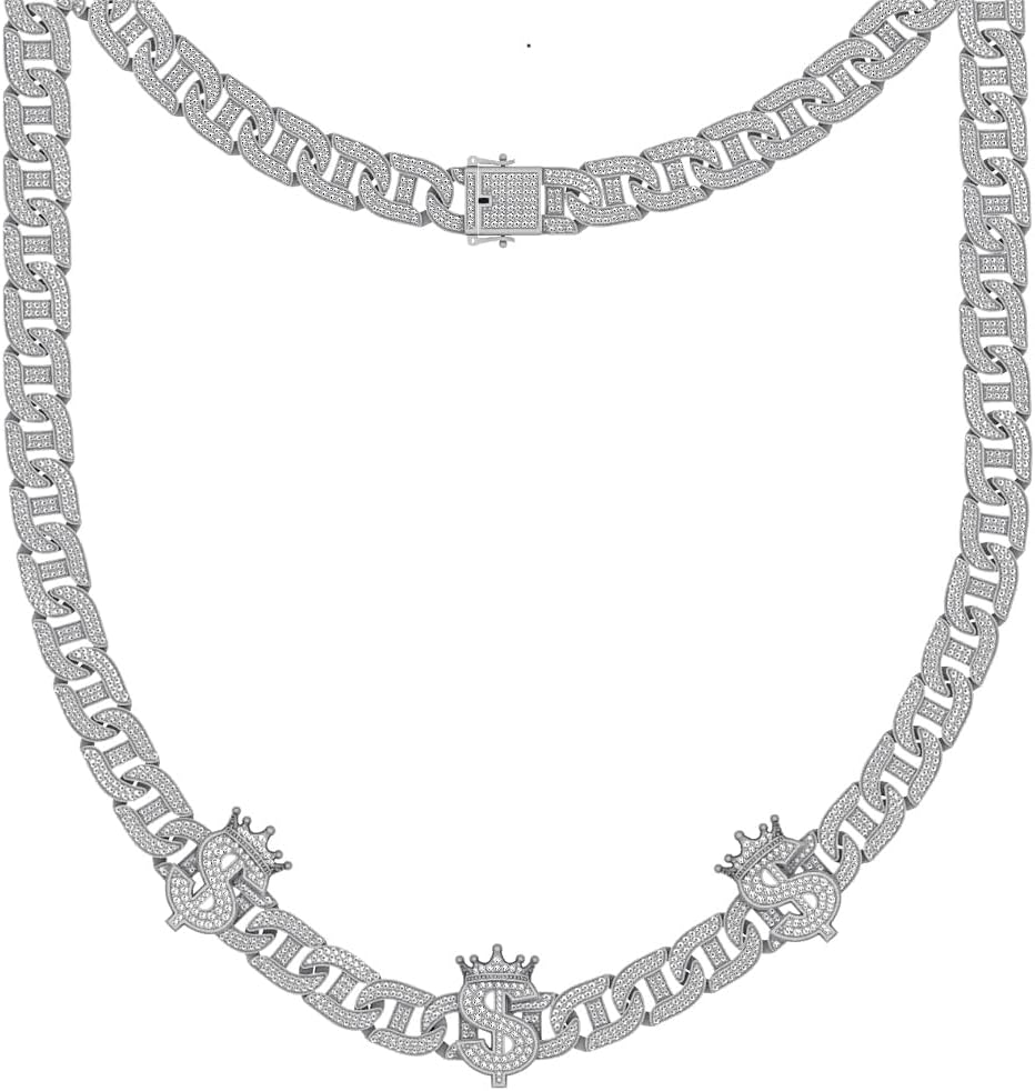 Real Genuine Authentic VVS1/D 18.76 Ctw. Hand Set Certified Moissanite Diamond Dollar Money Sign Royal Kings Crown Face Mariner link Cuban Chain Neckless 14K Gold Finish 62 Grams 25mm/22 Inch