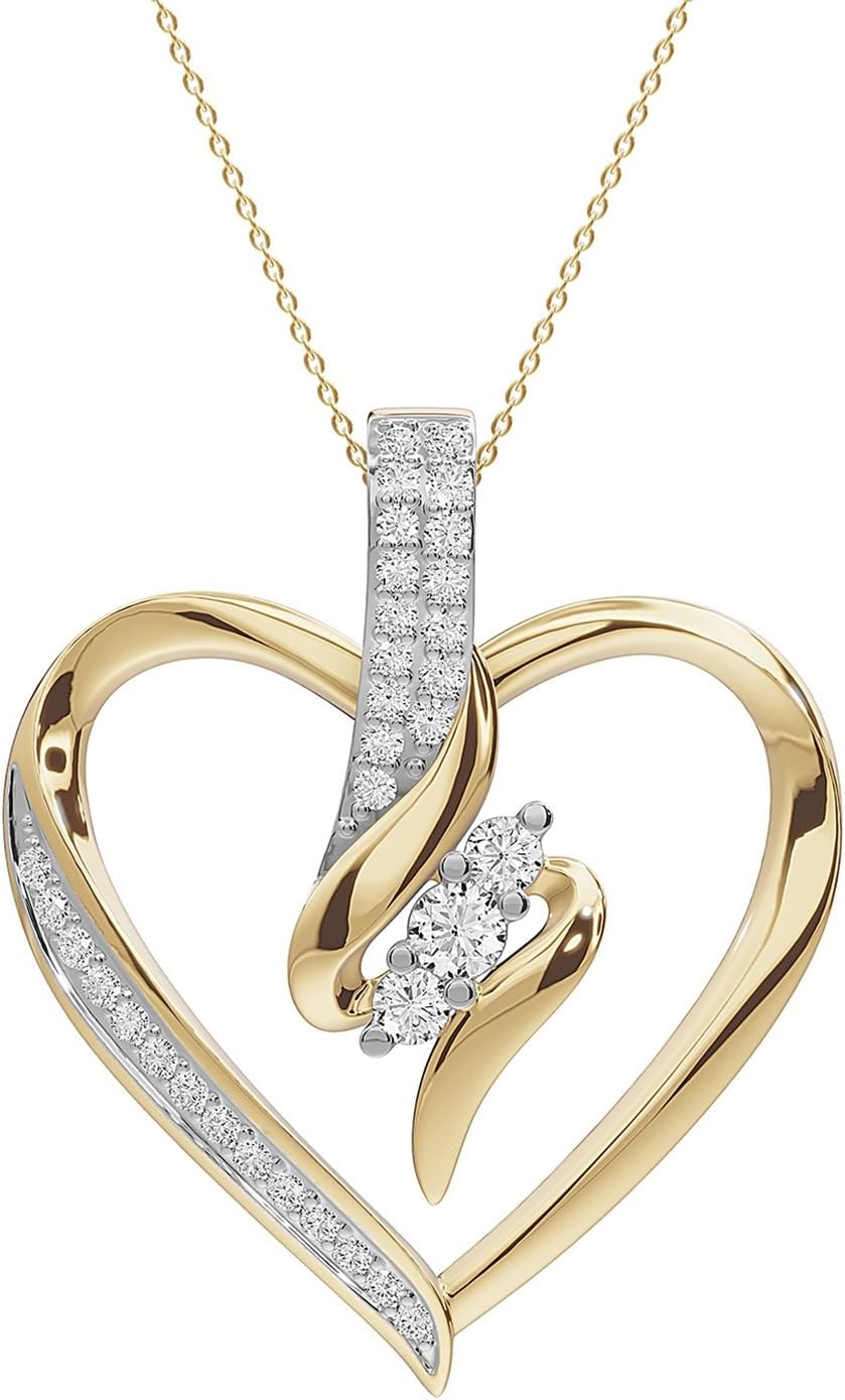 AFFY 3 Stone Swirl Heart Pendant Necklace for Women in 925 Sterling Silver or 10K Gold with Natural Diamond, Moissanite, or Lab-Grown Diamond (0.25 Ct) Dainty Jewelry Gift, 18" Chain
