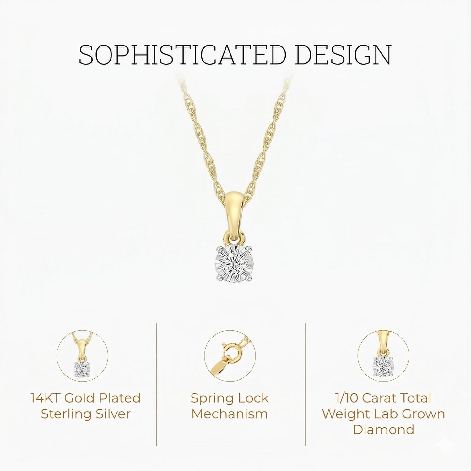 GILDED Itsy Bitsy Round Solitaire 1/10 to 1 Cttw Lab-Grown Diamond Pendant Necklace, Sterling Silver and14KT Gold Plated Silver, Classic 4-Prong Setting, 18inch Chain