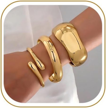 Chunky Gold Bangle Bracelets for Women, 14k Gold Plated Trendy Stackable Bangles Set, Dainty Cuff Bracelet Stack Jewelry for Gifts