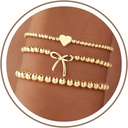 Turandoss 3PCS 14K Gold Plated Beaded Stretch Bracelet for Women Teen Girls | Stacked Beaded Bracelet Set, Dainty Bow Cross Heart Wave CZ Charm, Waterproof, 7 Inch Elastic, Teen Girls Summer Jewelry