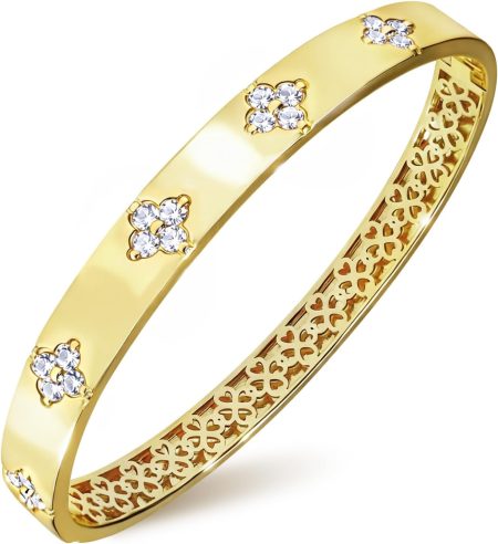 Gold Bracelets for Women, 14K Gold Plated Moissanite Clover Bangle | Moissanite Bracelets for Women, Four Leaf Clover, D Color VVS1, Non Tarnish Gift for Wife Mom Girlfriend, Size 6/6.5/7 in