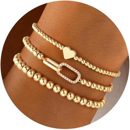 Turandoss 3PCS 14K Gold Plated Beaded Stretch Bracelet for Women Teen Girls | Stacked Beaded Bracelet Set, Dainty Bow Cross Heart Wave CZ Charm, Waterproof, 7 Inch Elastic, Teen Girls Summer Jewelry