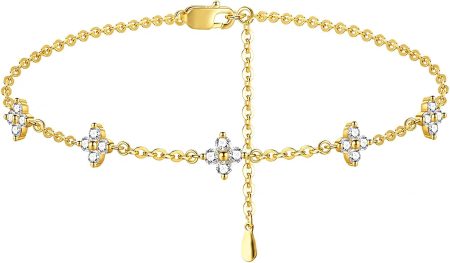 Moissanite Bracelets for Women, 14K Gold Plated Clover Bracelet | Gold Bracelets for Women, Four Leaf Clover Link Bracelet, D VVS1 3EX, Adjustable 6.7-8.3 in, Gift for Wife Mom Girlfriend
