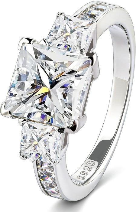 3 Stone Moissanite Engagement Rings for Women, Wedding Promise Ring | Princess Cut 3.5 CT TW, D Color VVS1, 925 Sterling Silver, Anniversary, Past Present Future 3 Stone Design, Certificate