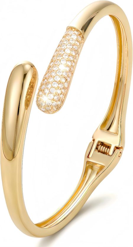 Gold Cuff Bracelets for Women, 14K Gold Plated Open Cuff Bangle Bracelet with CZ Pave, Minimalist Stackable Chunky Gold Bracelet for Women