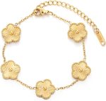TICVSS Four Leaf Clover Bracelet for Women 18K Gold Plated Stainless Steel Lucky 4 Leaf Gold Link Bracelet Jewelry Gift for Women