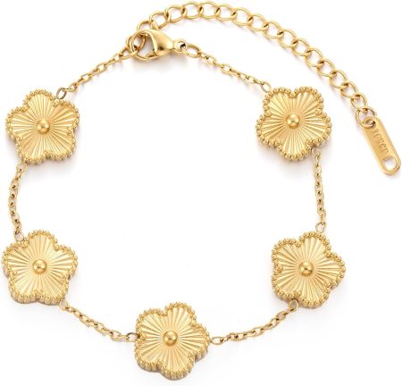 TICVSS Four Leaf Clover Bracelet for Women 18K Gold Plated Stainless Steel Lucky 4 Leaf Gold Link Bracelet Jewelry Gift for Women