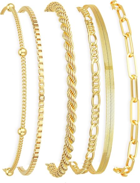 Dearmay Gold Bracelets for Women Waterproof, 14K Gold Plated Minimalist Bracelets Stack Non Tarnish Trendy Dainty Herringbone Vintage Cuban Paperclip Rope Thin Box Link Chain Stackable Jewelry Sets Modern Fashion Accessories Gifts for Womens